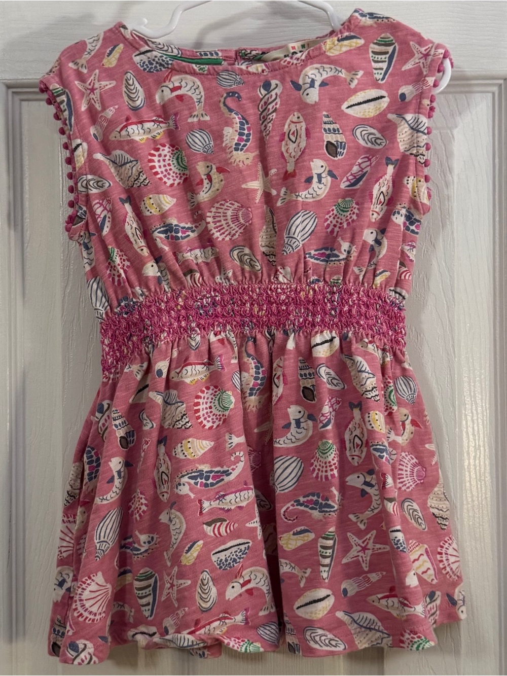 Mini Boden Baby Girl Pink Shell & Sea Life Print Smocked Waist & Pockets